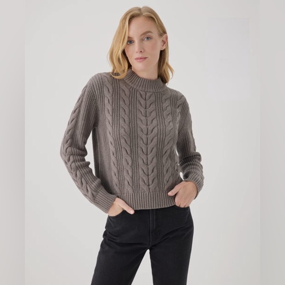 Pact Women's Cable Knit Crewneck Sweater in Taupe